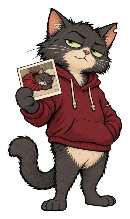 Alibi Cat, a grey cat in a burgundy hoodie, holding up a photo of himself asleep