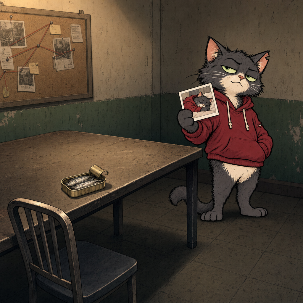 Alibi Cat in an interrogation room, holding his photo beside a table with an open sardine tin